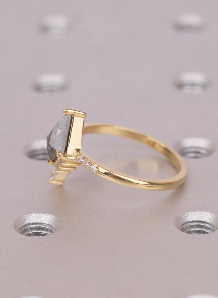 Kite Diamond Ring, Salt and Pepper Diamond Ring, Unique Engagement Ring, 18k Gold Cluster Ring, Pave Band Diamond Ring, Kite Cut Ring image #17
