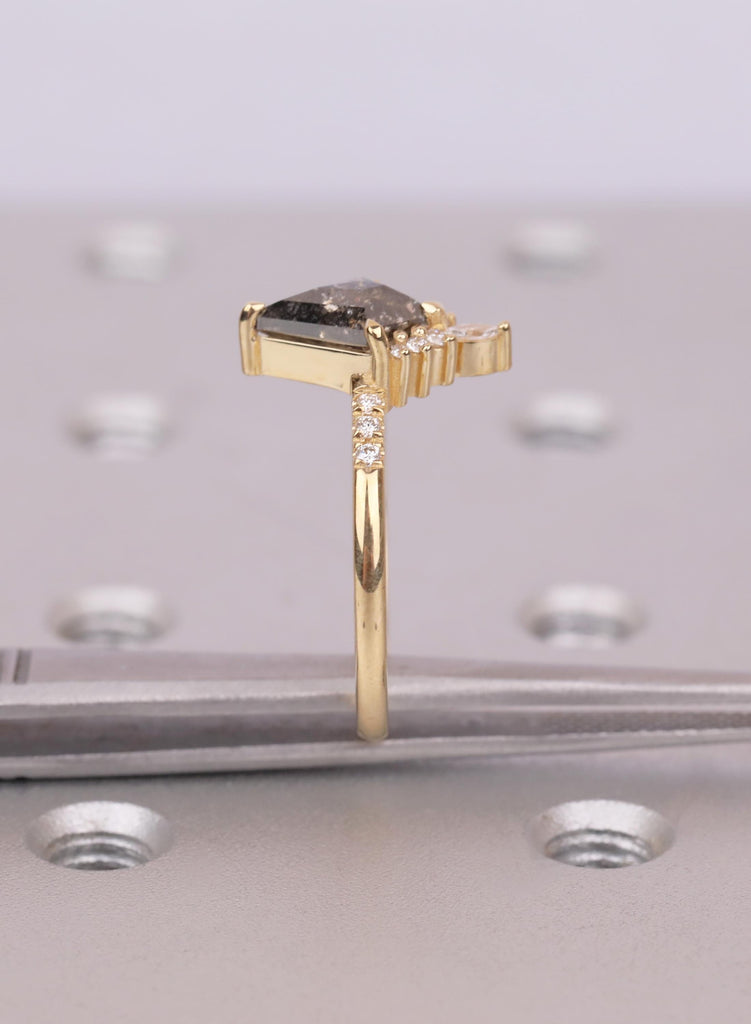 Kite Diamond Ring, Salt and Pepper Diamond Ring, Unique Engagement Ring, 18k Gold Cluster Ring, Pave Band Diamond Ring, Kite Cut Ring image #8