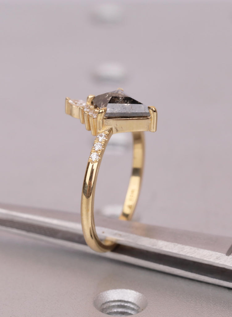 Kite Diamond Ring, Salt and Pepper Diamond Ring, Unique Engagement Ring, 18k Gold Cluster Ring, Pave Band Diamond Ring, Kite Cut Ring image #15