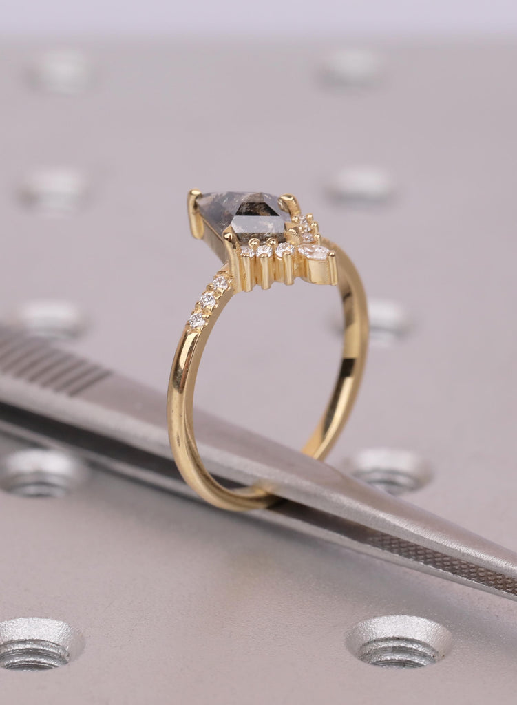 Kite Diamond Ring, Salt and Pepper Diamond Ring, Unique Engagement Ring, 18k Gold Cluster Ring, Pave Band Diamond Ring, Kite Cut Ring image #12