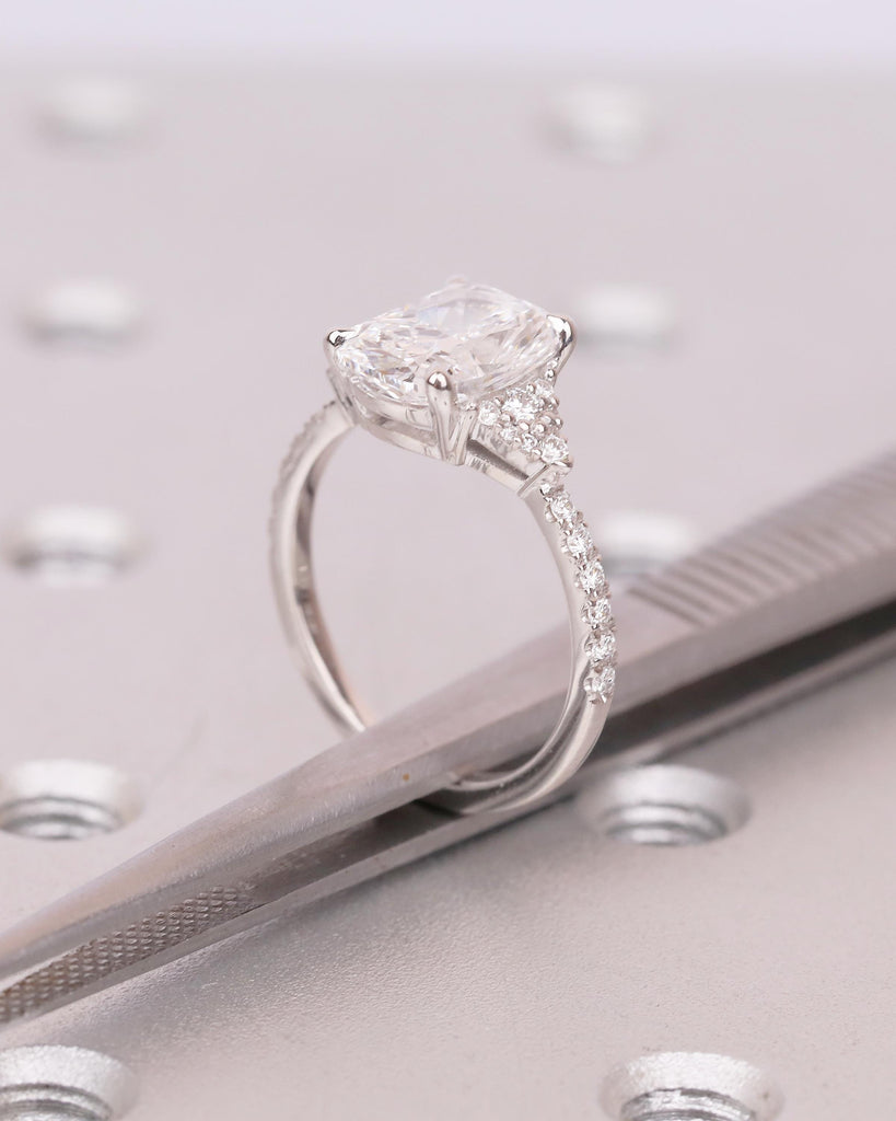 Cushion Cut Lab Grown Diamond Cluster Ring, Art Deco 18k/14k White Gold Wedding Ring, Unique Engagement Ring, Custom Bridal Jewelry for Her image #2
