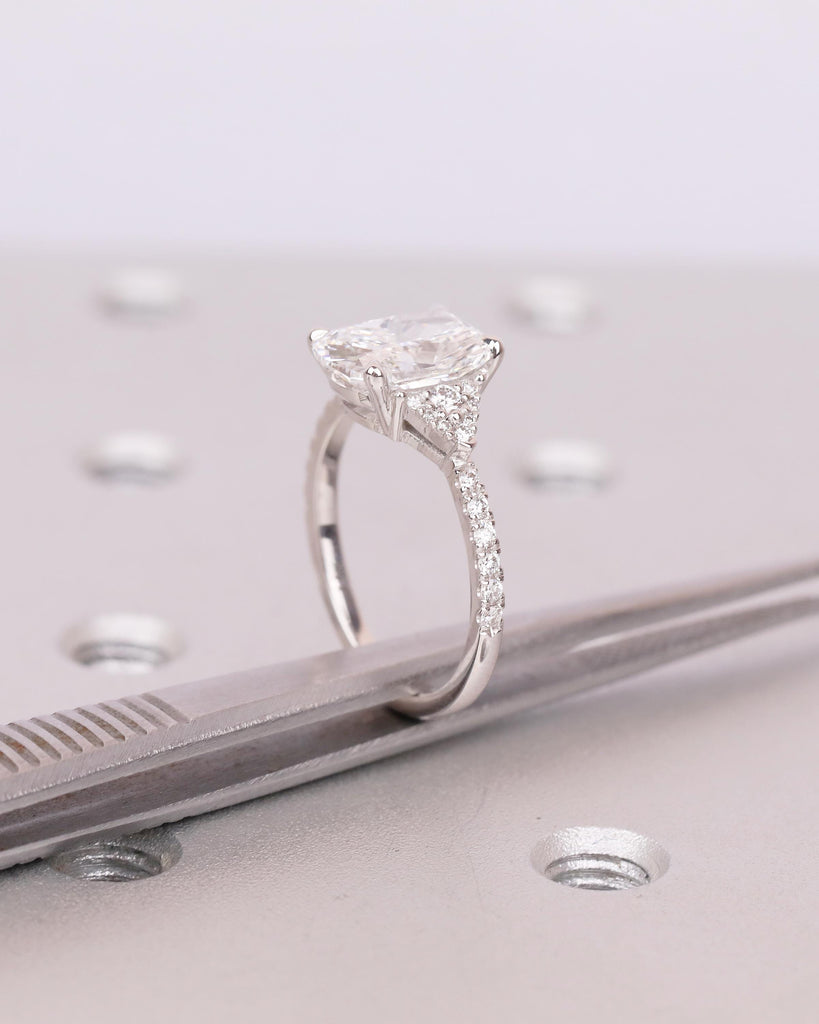 Cushion Cut Lab Grown Diamond Cluster Ring, Art Deco 18k/14k White Gold Wedding Ring, Unique Engagement Ring, Custom Bridal Jewelry for Her image #13