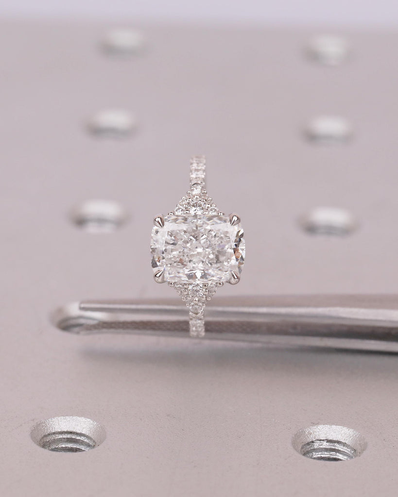 Cushion Cut Lab Grown Diamond Cluster Ring, Art Deco 18k/14k White Gold Wedding Ring, Unique Engagement Ring, Custom Bridal Jewelry for Her image #5