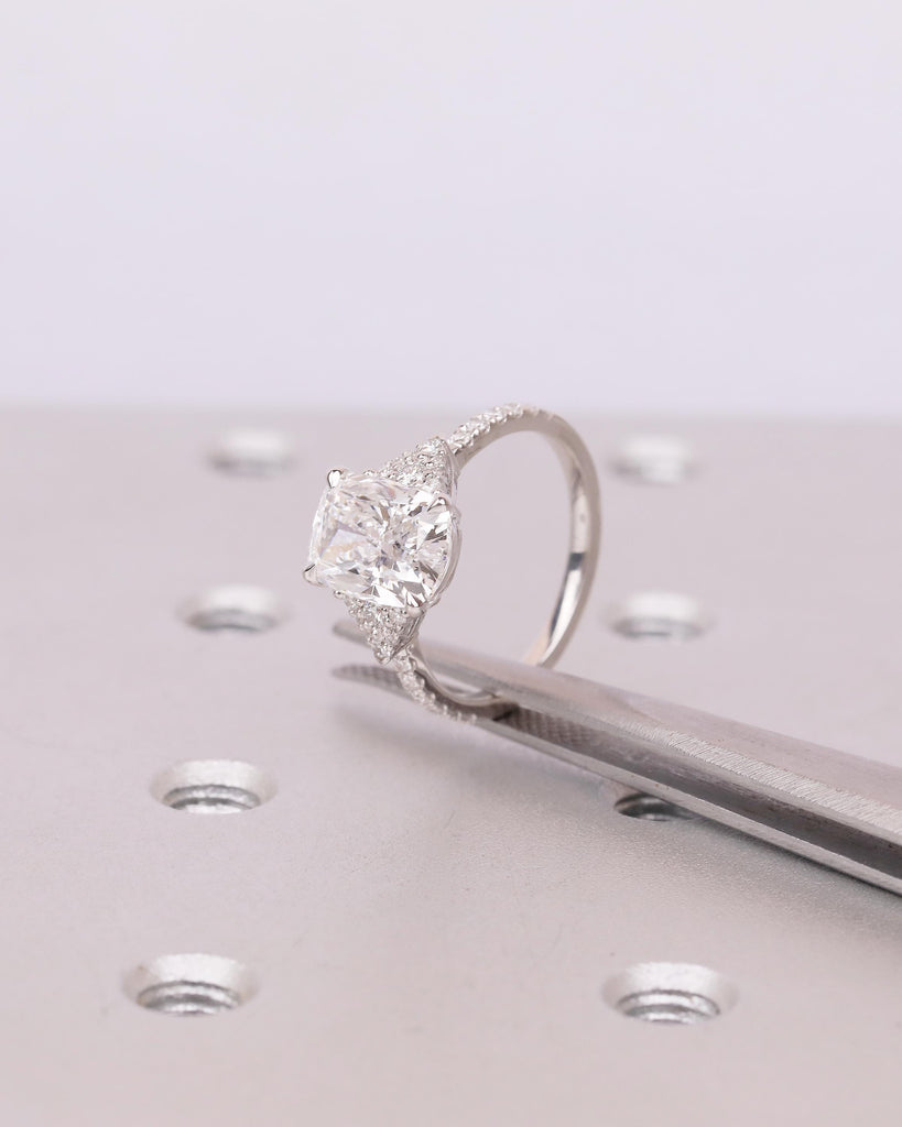 Cushion Cut Lab Grown Diamond Cluster Ring, Art Deco 18k/14k White Gold Wedding Ring, Unique Engagement Ring, Custom Bridal Jewelry for Her image #12