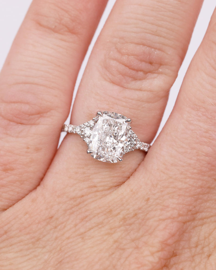 Cushion Cut Lab Grown Diamond Cluster Ring, Art Deco 18k/14k White Gold Wedding Ring, Unique Engagement Ring, Custom Bridal Jewelry for Her image #3