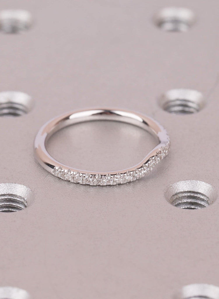 14k White Gold Curved Wedding Band Women, Round Cut Diamond Half Eternity Ring, Curved Stacking Band For Engagement Ring, Matching Ring image #7