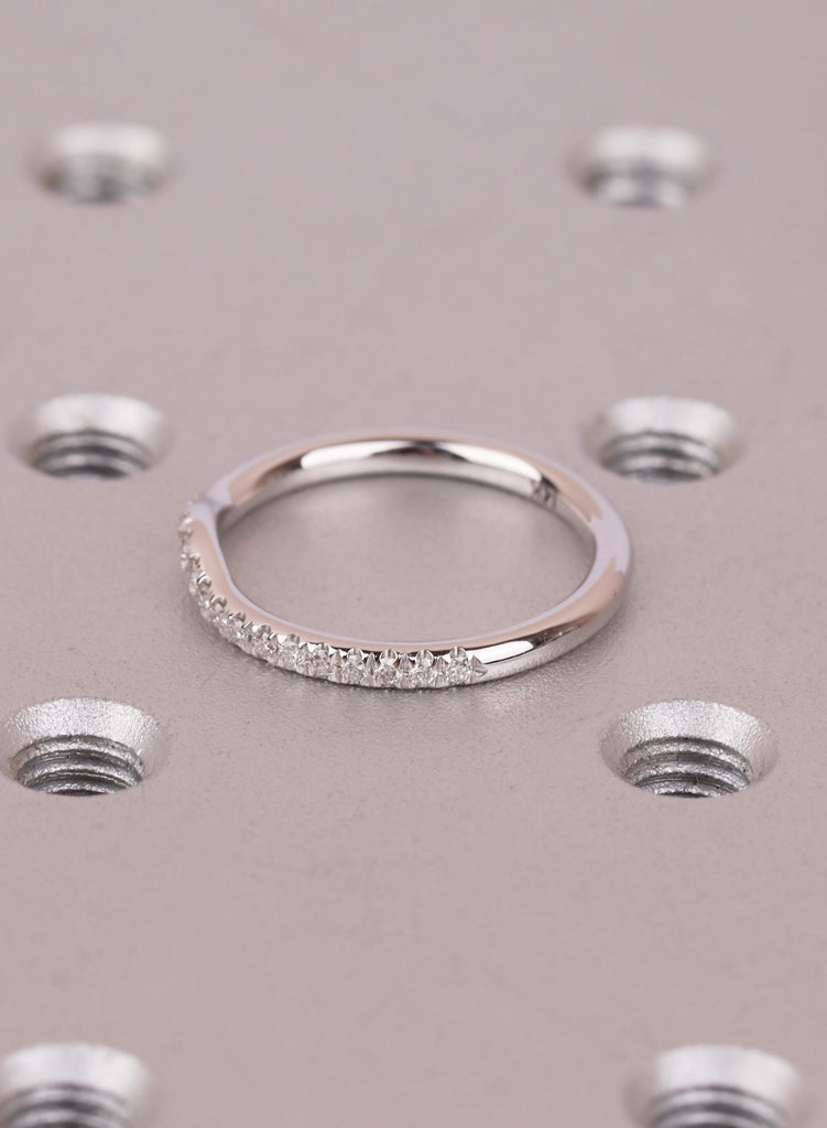 14k White Gold Curved Wedding Band Women, Round Cut Diamond Half Eternity Ring, Curved Stacking Band For Engagement Ring, Matching Ring image #9