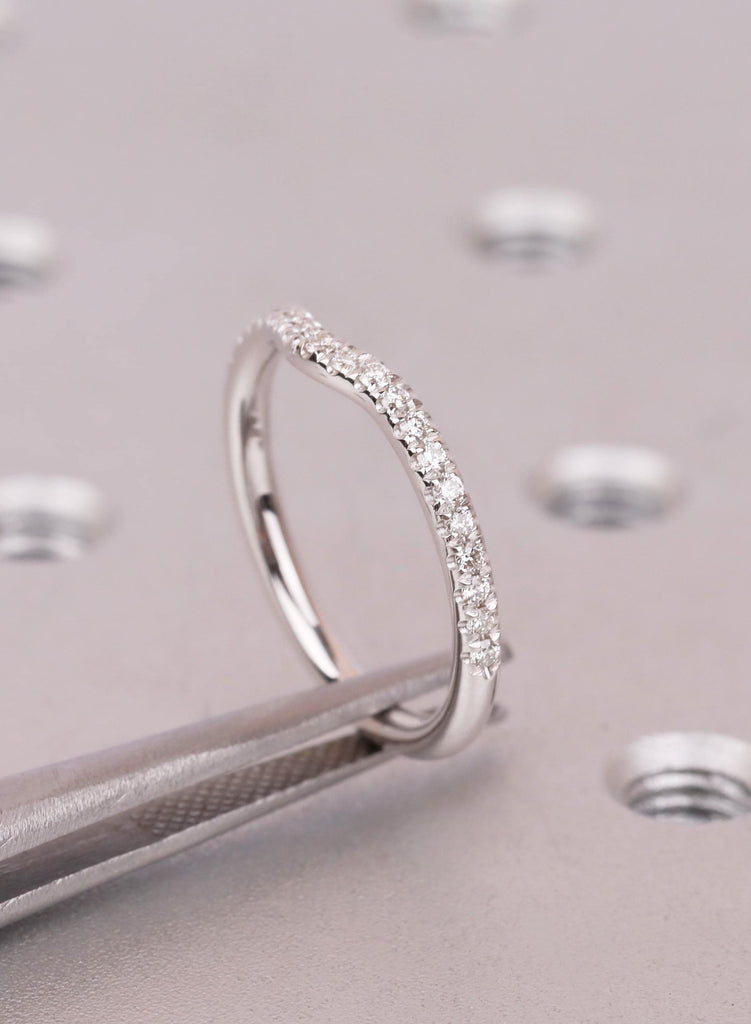 14k White Gold Curved Wedding Band Women, Round Cut Diamond Half Eternity Ring, Curved Stacking Band For Engagement Ring, Matching Ring image #12