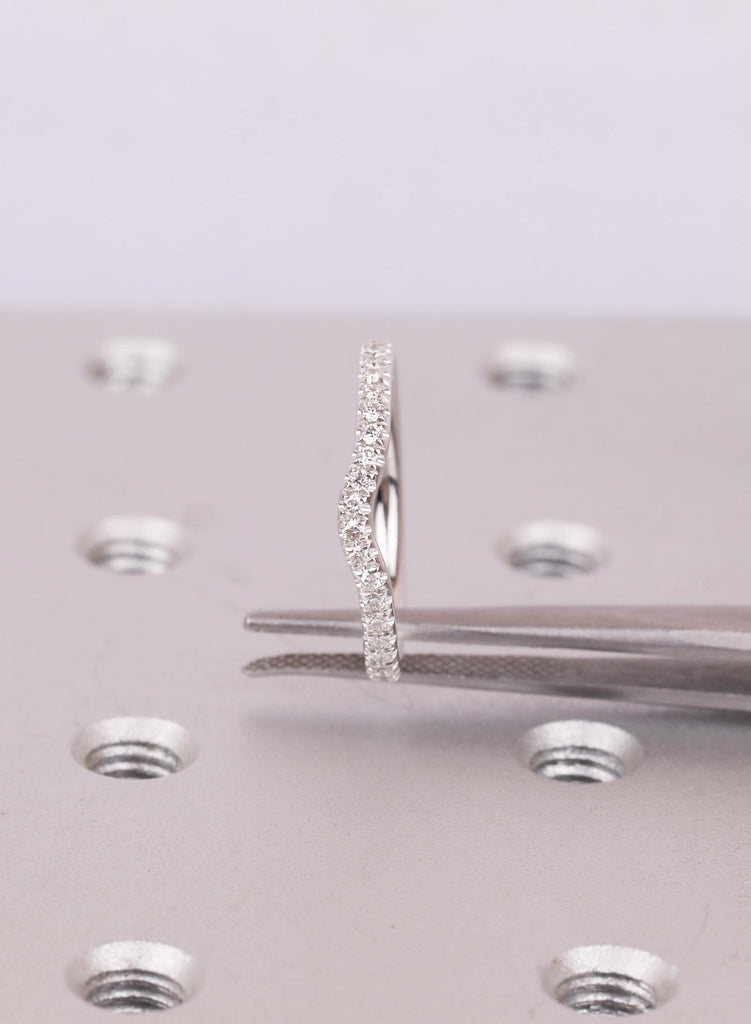 14k White Gold Curved Wedding Band Women, Round Cut Diamond Half Eternity Ring, Curved Stacking Band For Engagement Ring, Matching Ring image #11