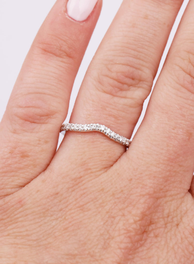 14k White Gold Curved Wedding Band Women, Round Cut Diamond Half Eternity Ring, Curved Stacking Band For Engagement Ring, Matching Ring image #15