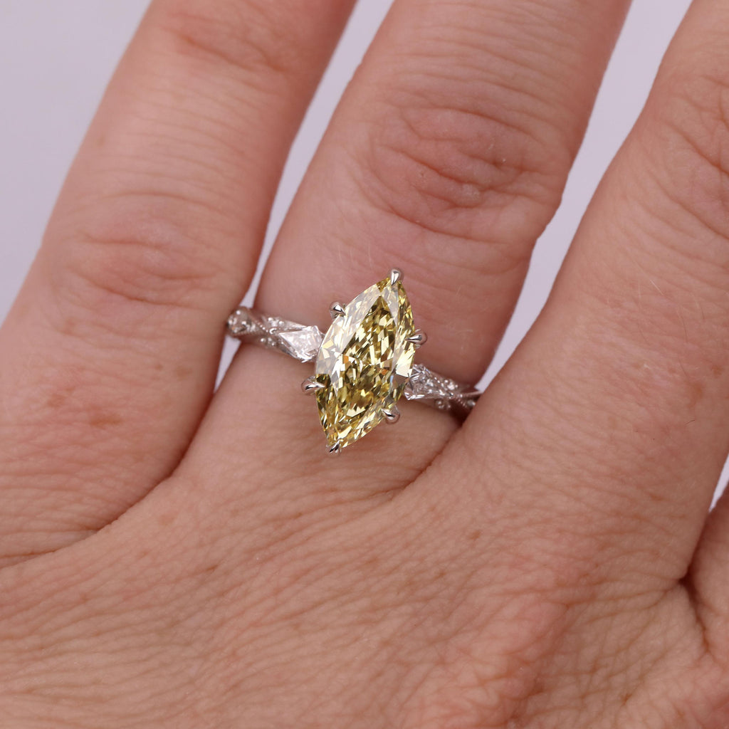 2ct Canary Yellow Lab Created Diamond Unique Engagement Ring | Marquise Victorian Wedding Jewelry | Handmade Milgrain Gold Rings for Women image #10