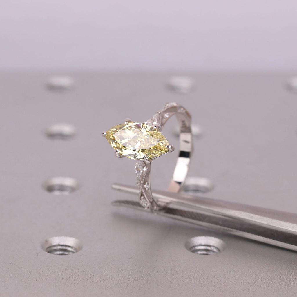 Canary Yellow Diamond Vintage Engagement Ring | 14K/18K Solid Gold Heirloom Ring | Marquise Lab Grown Diamond Bridal Jewelry for Her image #14