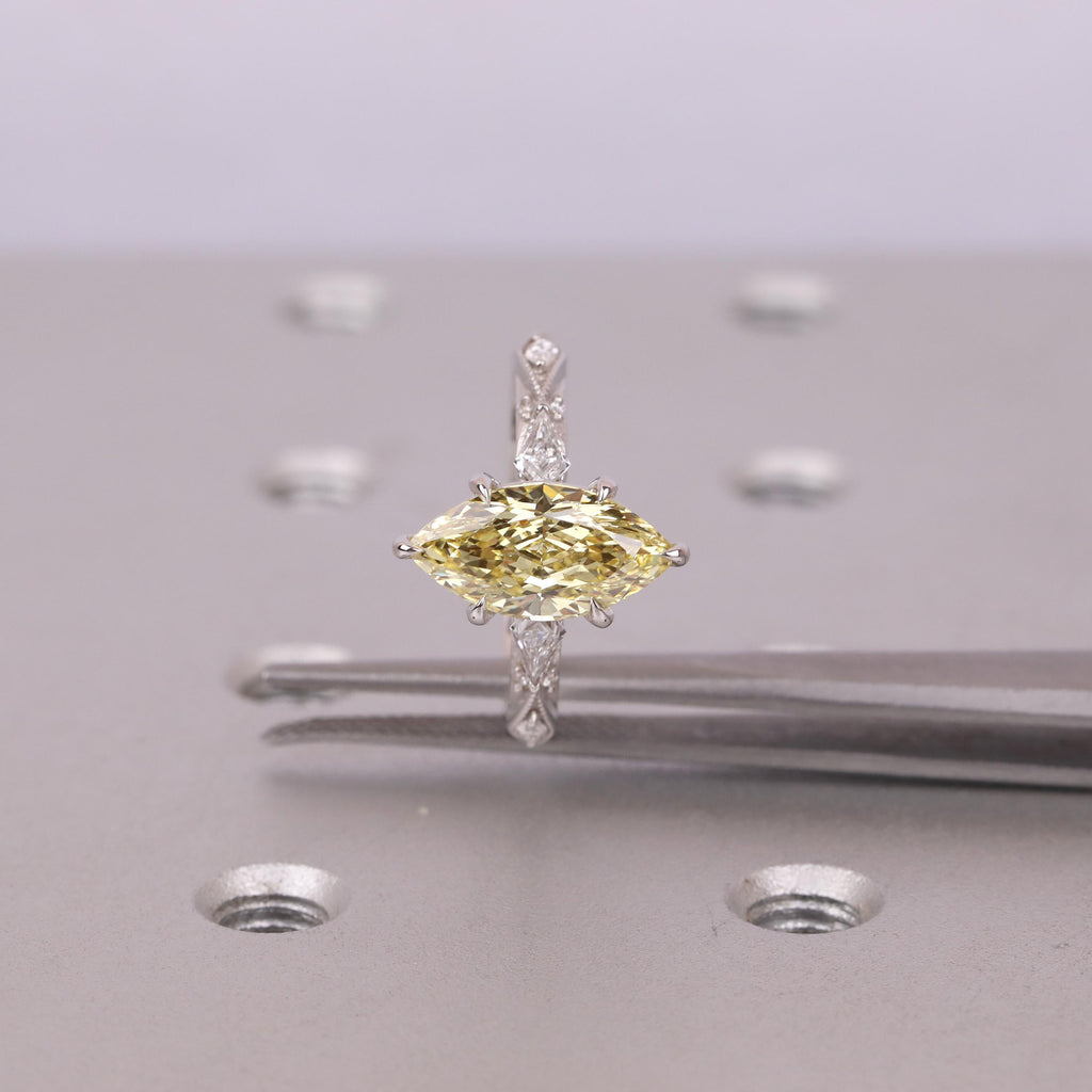 2ct Canary Yellow Lab Created Diamond Unique Engagement Ring | Marquise Victorian Wedding Jewelry | Handmade Milgrain Gold Rings for Women image #4