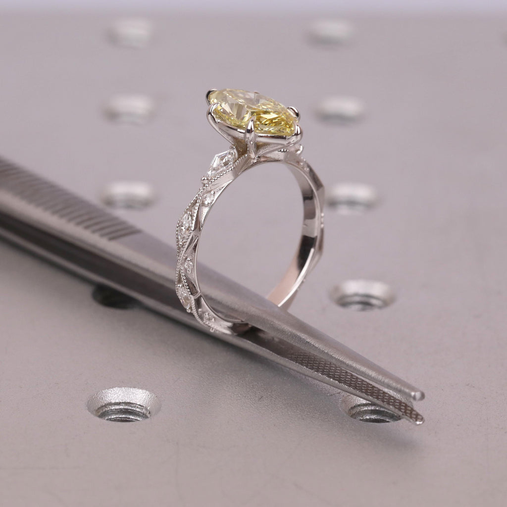 2ct Canary Yellow Lab Created Diamond Unique Engagement Ring | Marquise Victorian Wedding Jewelry | Handmade Milgrain Gold Rings for Women image #6