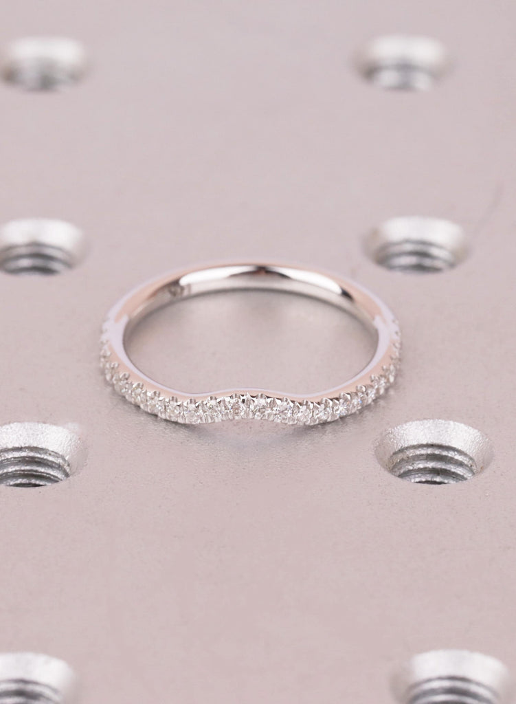 14k White Gold Curved Wedding Band Women, Round Cut Diamond Half Eternity Ring, Curved Stacking Band For Engagement Ring, Matching Ring image #4