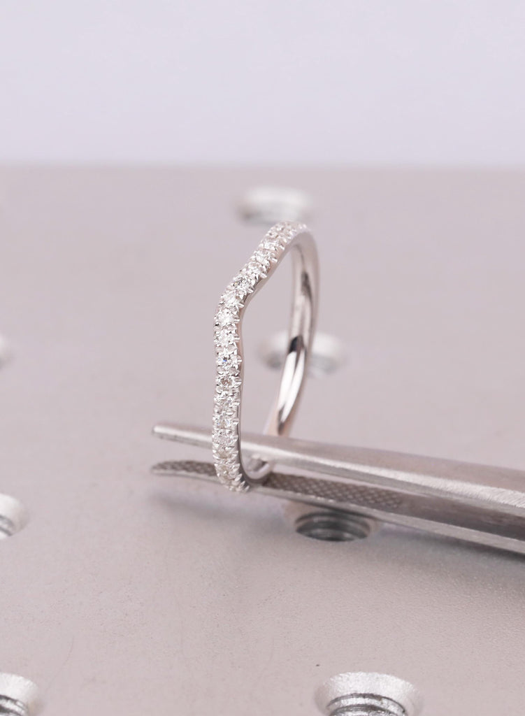 14k White Gold Curved Wedding Band Women, Round Cut Diamond Half Eternity Ring, Curved Stacking Band For Engagement Ring, Matching Ring