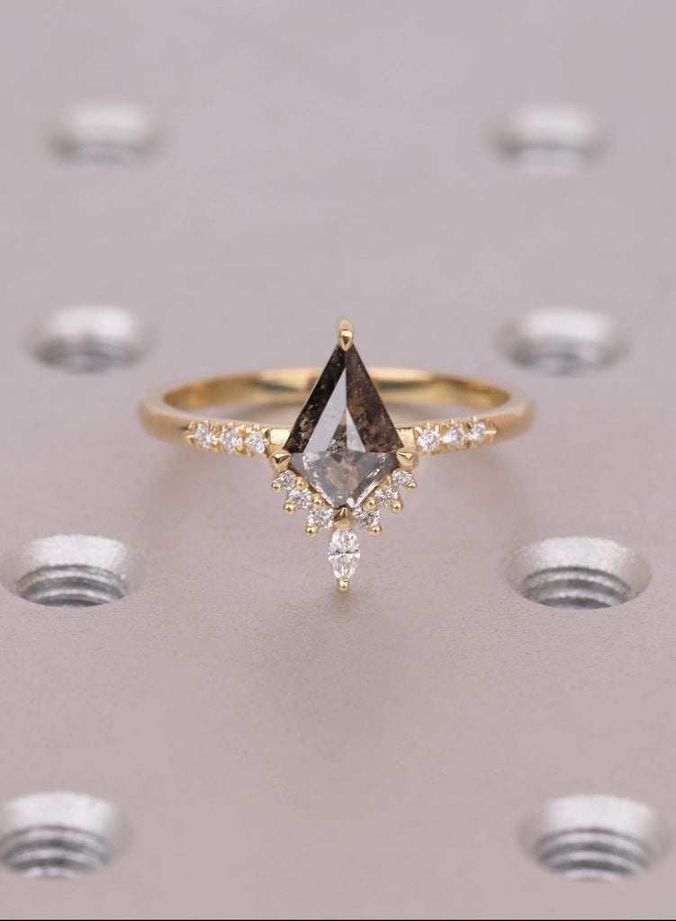 Kite Diamond Ring, Salt and Pepper Diamond Ring, Unique Engagement Ring, 18k Gold Cluster Ring, Pave Band Diamond Ring, Kite Cut Ring