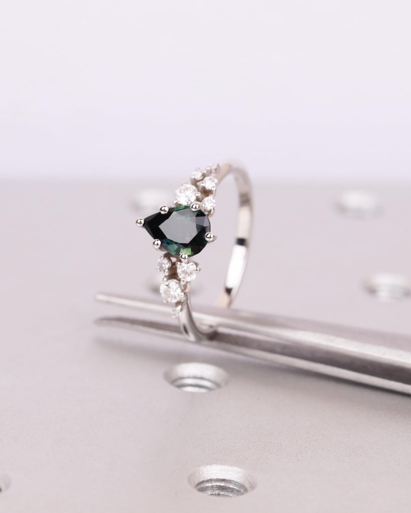 Vintage Teal Sapphire Ring | Pear Cut Sapphire Engagement Ring | Blue Green Gemstone Cluster Ring | Unique Engagement Ring | 14K Solid Gold image #6