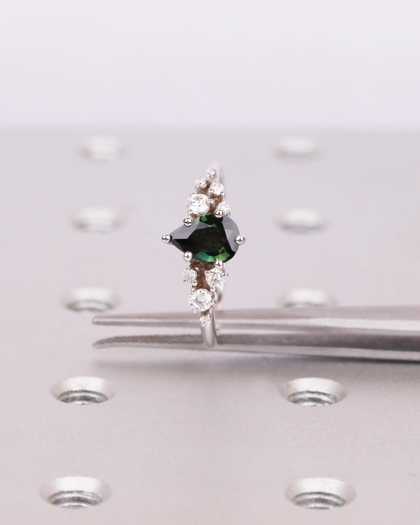 Vintage Teal Sapphire Ring | Pear Cut Sapphire Engagement Ring | Blue Green Gemstone Cluster Ring | Unique Engagement Ring | 14K Solid Gold image #7