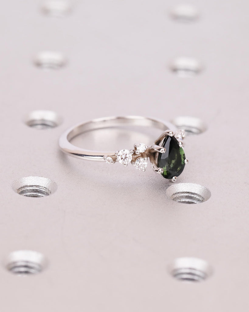 Vintage Teal Sapphire Ring | Pear Cut Sapphire Engagement Ring | Blue Green Gemstone Cluster Ring | Unique Engagement Ring | 14K Solid Gold image #4