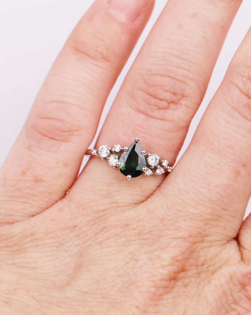 Vintage Teal Sapphire Ring | Pear Cut Sapphire Engagement Ring | Blue Green Gemstone Cluster Ring | Unique Engagement Ring | 14K Solid Gold image #2