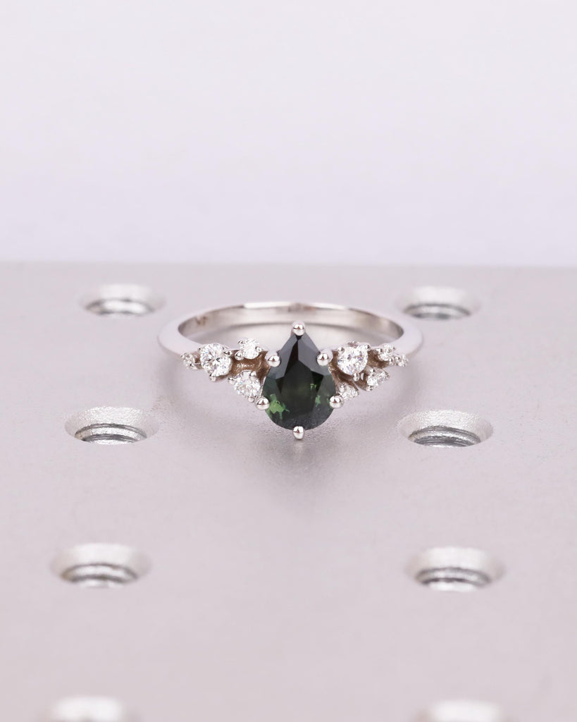 Vintage Teal Sapphire Ring | Pear Cut Sapphire Engagement Ring | Blue Green Gemstone Cluster Ring | Unique Engagement Ring | 14K Solid Gold