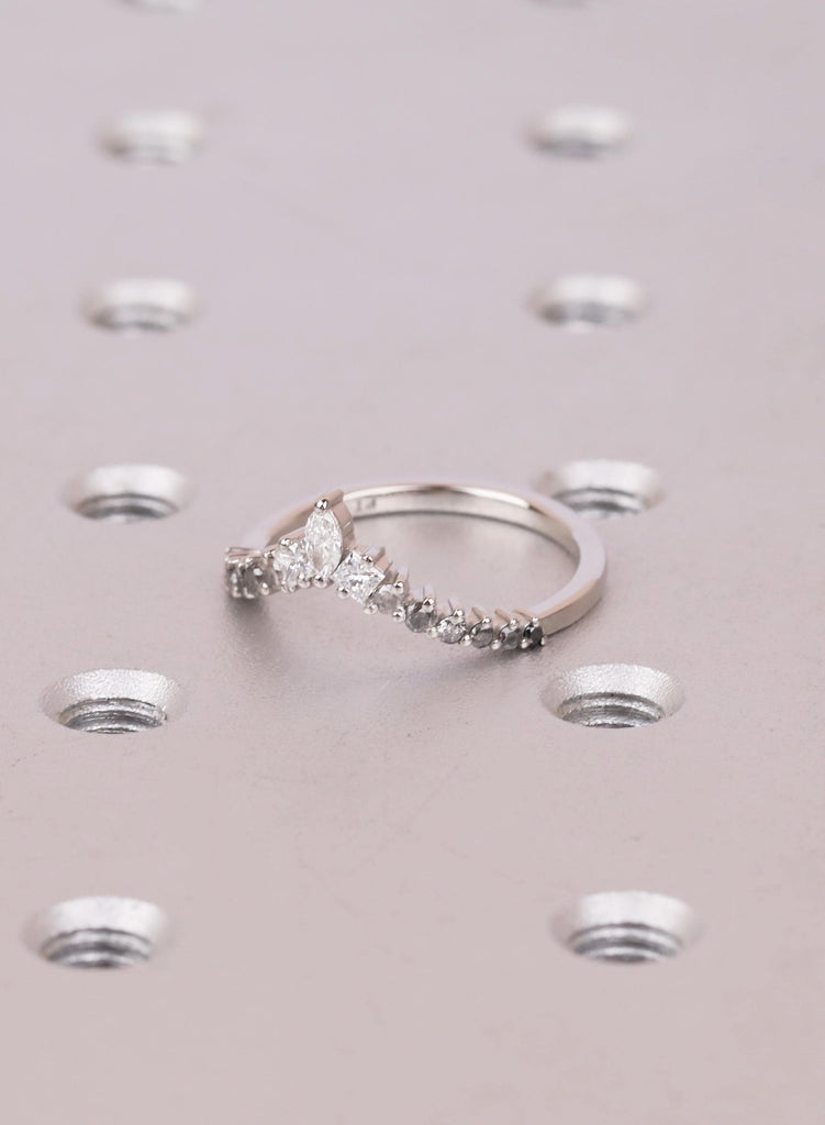 Ombré Salt and Pepper Diamond Chevron Wedding Band, Marquise and Princess Cut V Shaped Ring, Platinum Unique Bridal Matching Band for Women image #5
