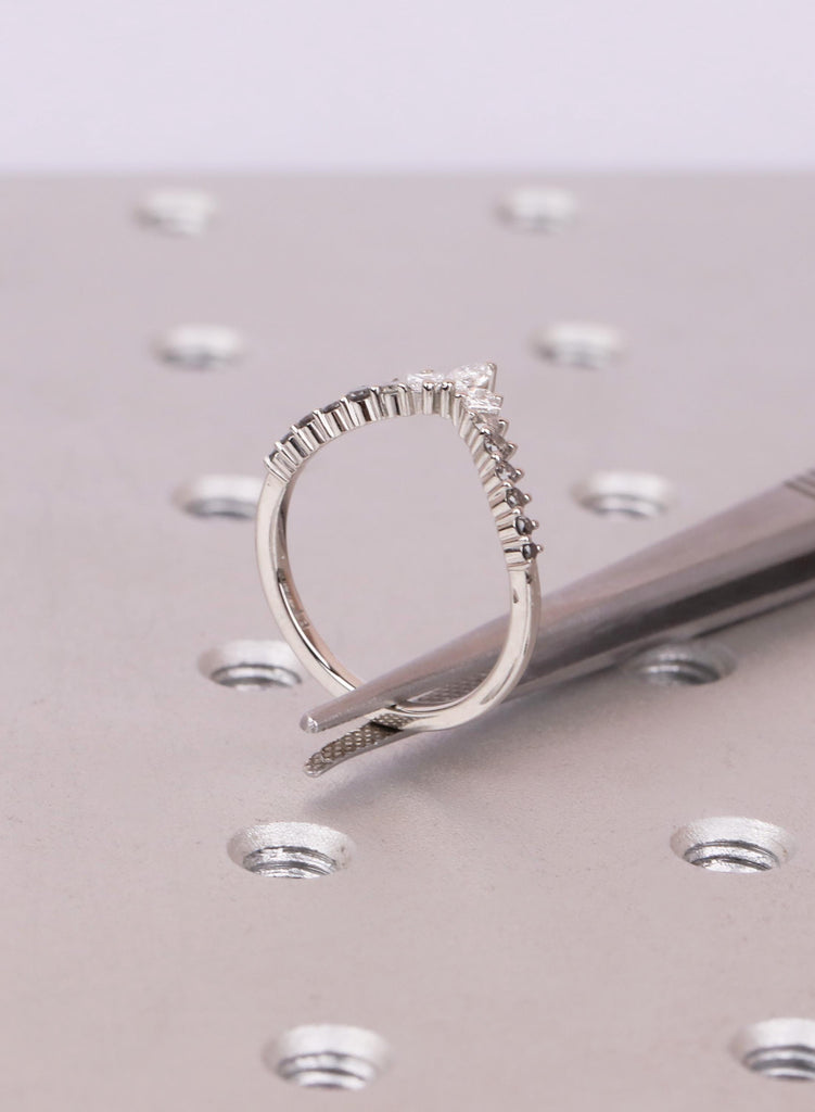 Ombré Salt and Pepper Diamond Chevron Wedding Band, Marquise and Princess Cut V Shaped Ring, Platinum Unique Bridal Matching Band for Women image #11