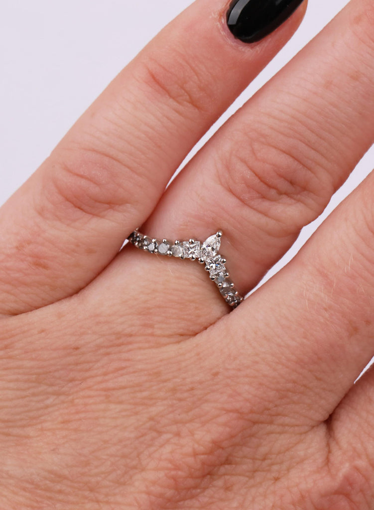 Ombré Salt and Pepper Diamond Chevron Wedding Band, Marquise and Princess Cut V Shaped Ring, Platinum Unique Bridal Matching Band for Women image #12