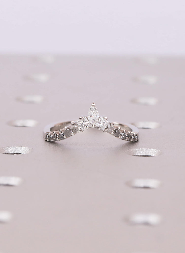 Ombré Salt and Pepper Diamond Chevron Wedding Band, Marquise and Princess Cut V Shaped Ring, Platinum Unique Bridal Matching Band for Women image #2