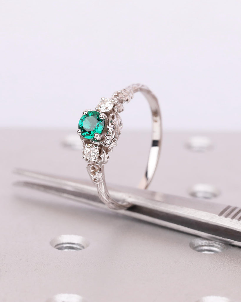 Solid Gold Emerald Ring, Nature Ring with Sculpted Leaves, Forest Leaf and Vine Ring, Floral Engagement Ring, May Birthstone, Promise Ring image #8