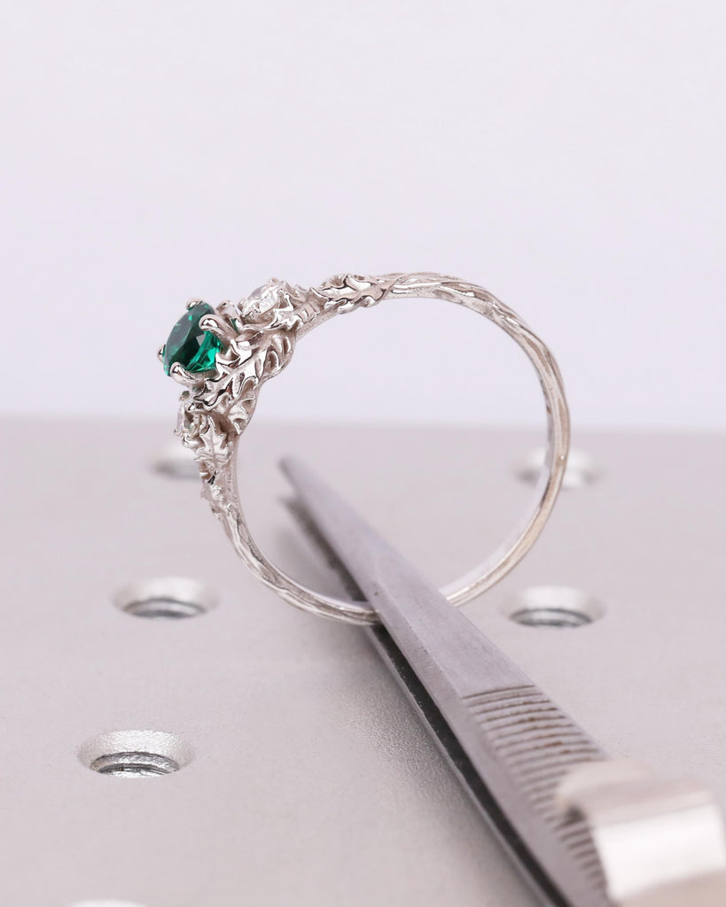 Solid Gold Emerald Ring, Nature Ring with Sculpted Leaves, Forest Leaf and Vine Ring, Floral Engagement Ring, May Birthstone, Promise Ring image #9