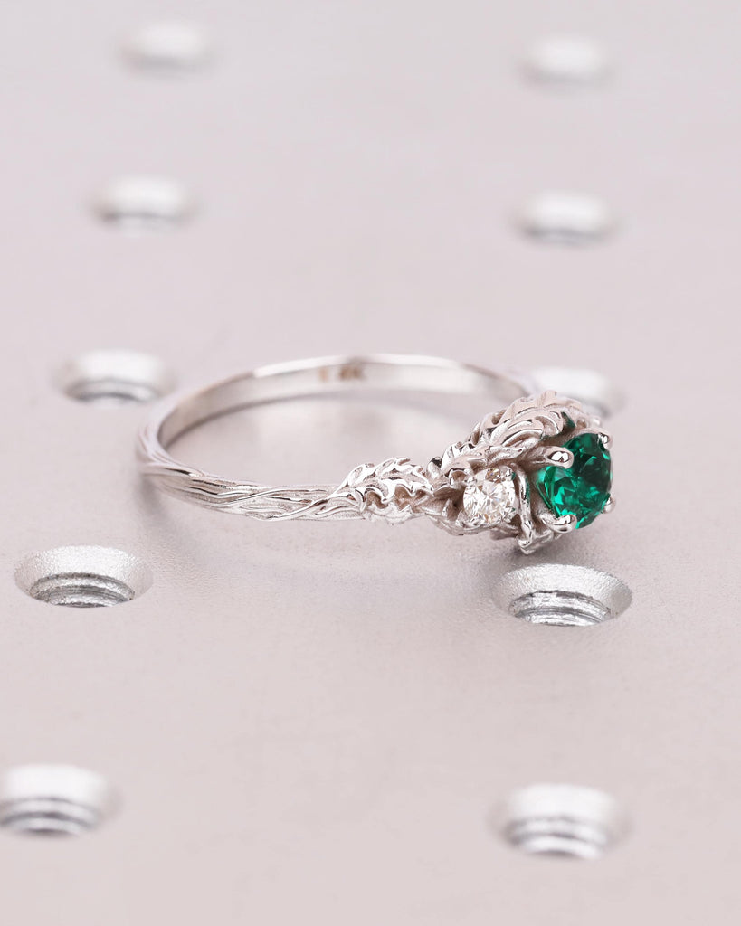 Solid Gold Emerald Ring, Nature Ring with Sculpted Leaves, Forest Leaf and Vine Ring, Floral Engagement Ring, May Birthstone, Promise Ring image #5