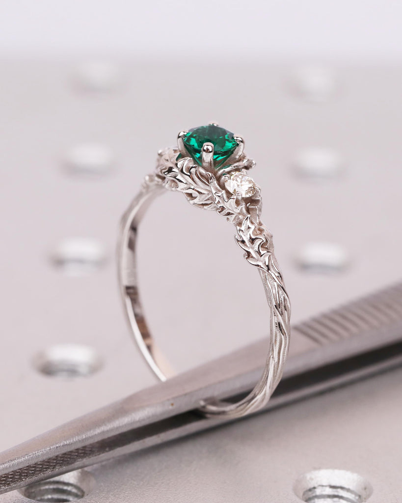 Solid Gold Emerald Ring, Nature Ring with Sculpted Leaves, Forest Leaf and Vine Ring, Floral Engagement Ring, May Birthstone, Promise Ring image #6