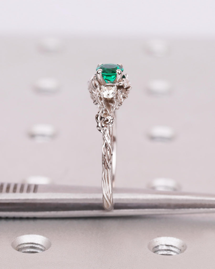 Solid Gold Emerald Ring, Nature Ring with Sculpted Leaves, Forest Leaf and Vine Ring, Floral Engagement Ring, May Birthstone, Promise Ring image #7