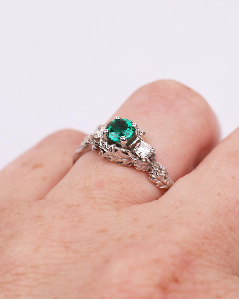 Solid Gold Emerald Ring, Nature Ring with Sculpted Leaves, Forest Leaf and Vine Ring, Floral Engagement Ring, May Birthstone, Promise Ring image #3
