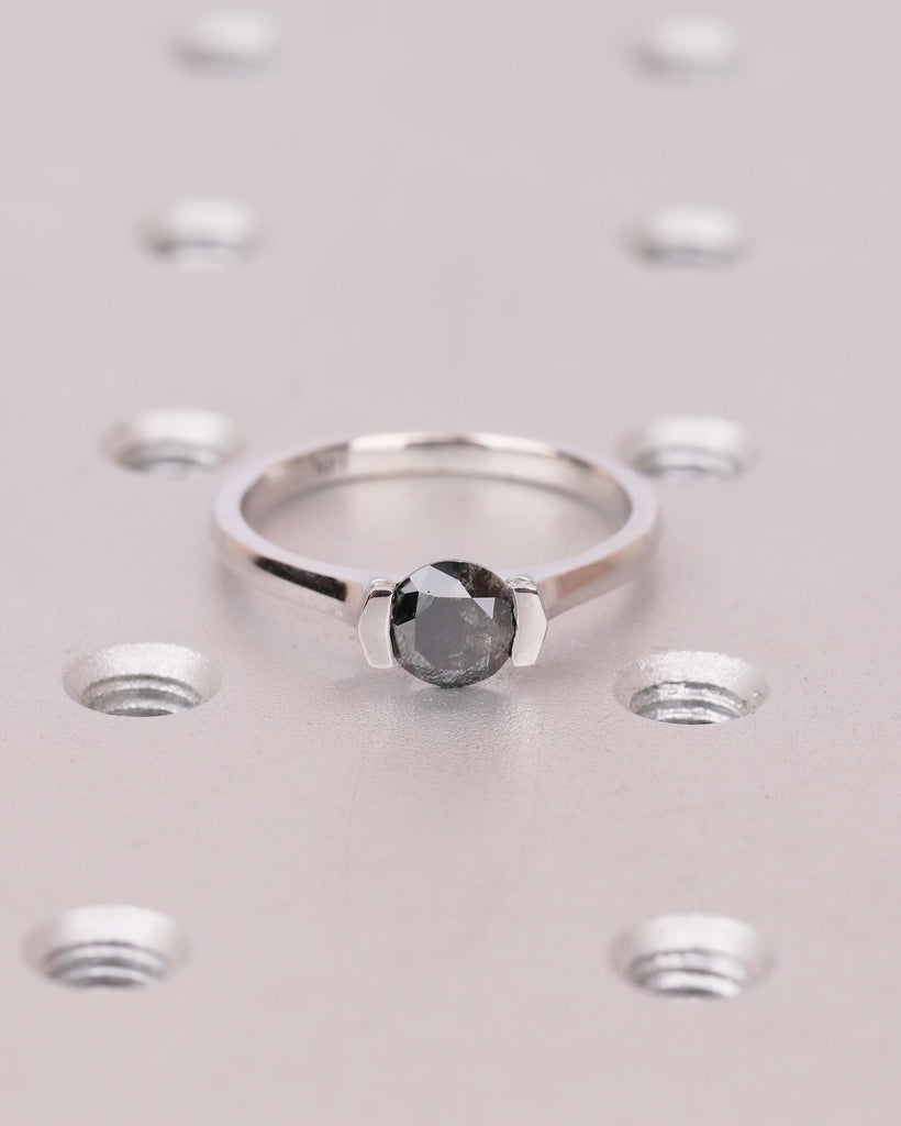 Round Salt and Pepper Diamond Ring, Solitaire Engagement Ring, Promise Rings for Women, Unique 14k Solid Gold Ring, Wedding Anniversary Ring image #8