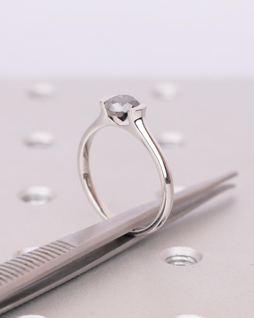 Round Salt and Pepper Diamond Ring, Solitaire Engagement Ring, Promise Rings for Women, Unique 14k Solid Gold Ring, Wedding Anniversary Ring image #17