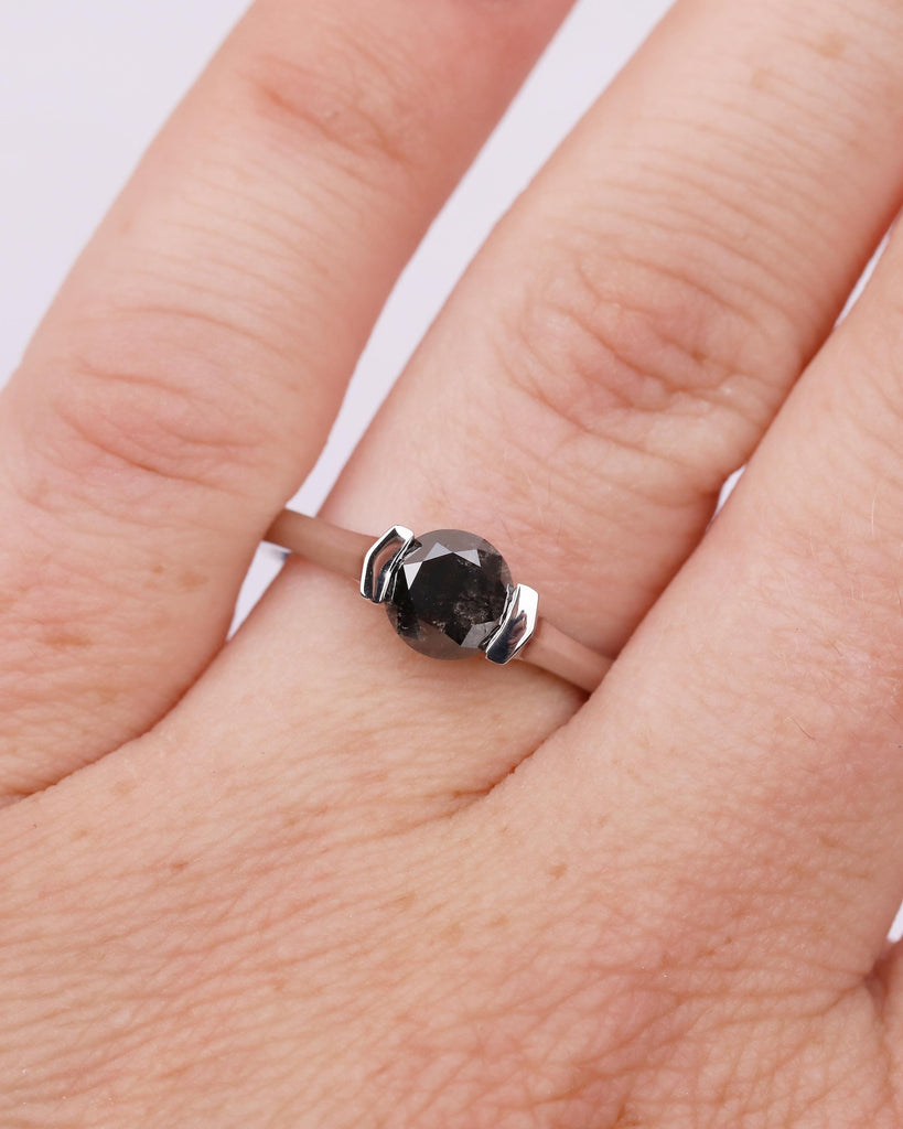 Round Salt and Pepper Diamond Ring, Solitaire Engagement Ring, Promise Rings for Women, Unique 14k Solid Gold Ring, Wedding Anniversary Ring image #2
