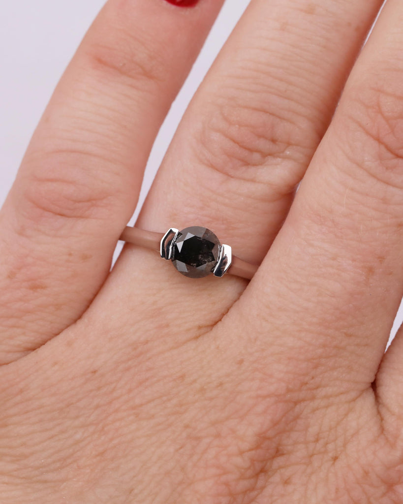 Round Salt and Pepper Diamond Ring, Solitaire Engagement Ring, Promise Rings for Women, Unique 14k Solid Gold Ring, Wedding Anniversary Ring image #12