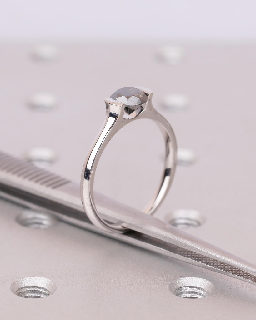 Round Salt and Pepper Diamond Ring, Solitaire Engagement Ring, Promise Rings for Women, Unique 14k Solid Gold Ring, Wedding Anniversary Ring image #4