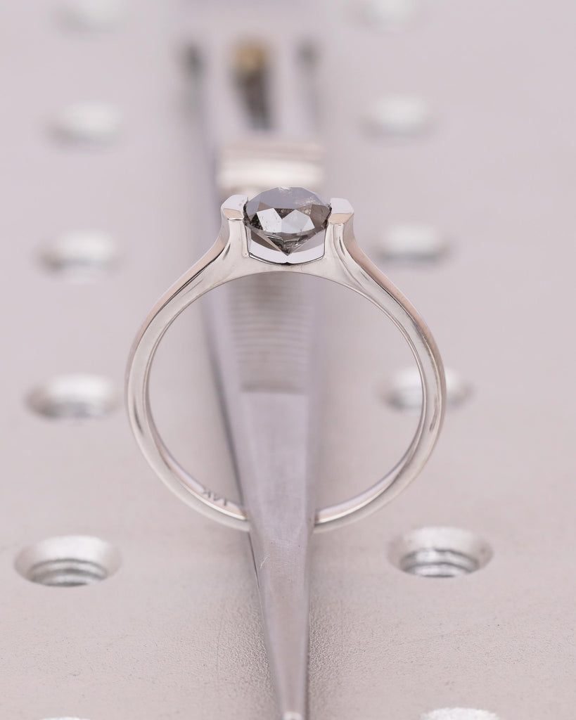 Round Salt and Pepper Diamond Ring, Solitaire Engagement Ring, Promise Rings for Women, Unique 14k Solid Gold Ring, Wedding Anniversary Ring image #7