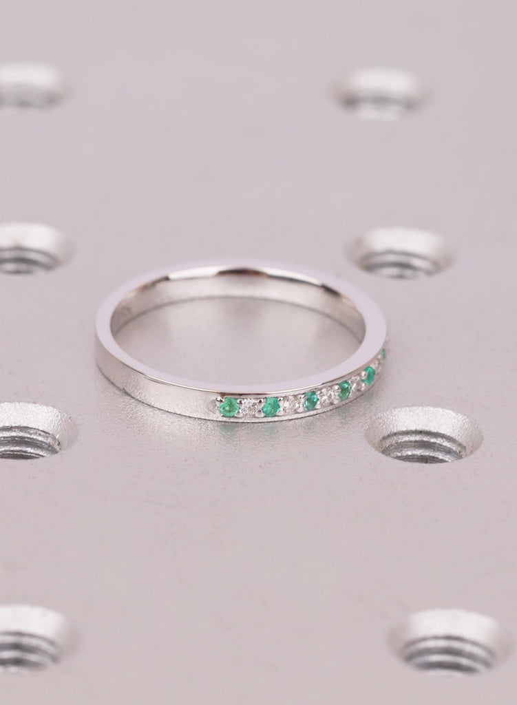 18k White Gold Thin Emerald And Diamond Wedding Band, Gift For Her image #7