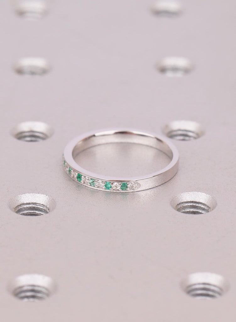 18k White Gold Thin Emerald And Diamond Wedding Band, Gift For Her image #10