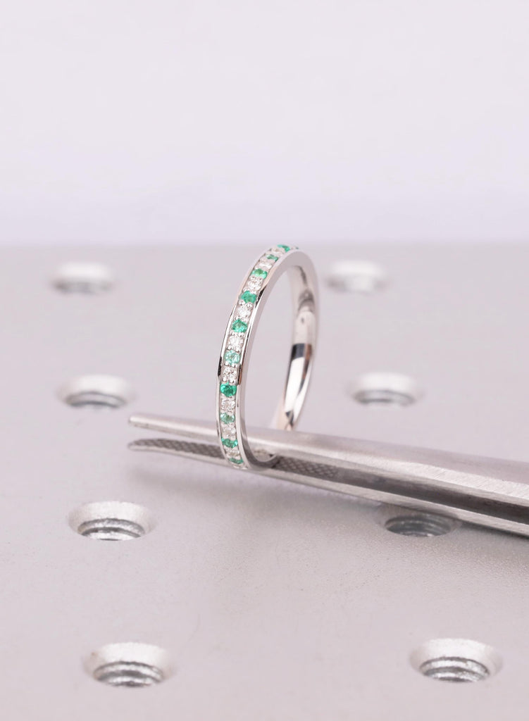 18k White Gold Thin Emerald And Diamond Wedding Band, Gift For Her image #6
