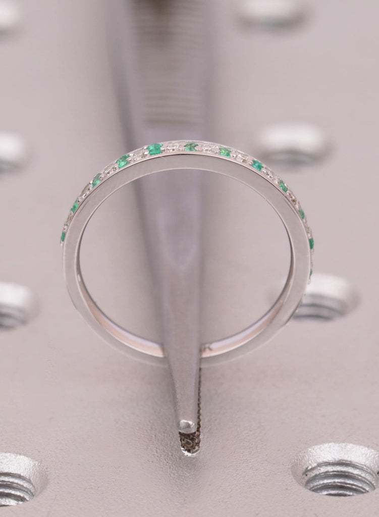 18k White Gold Thin Emerald And Diamond Wedding Band, Gift For Her image #5