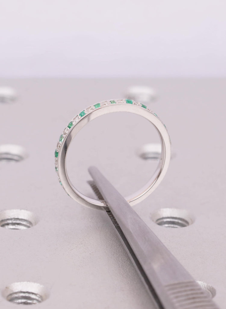 18k White Gold Thin Emerald And Diamond Wedding Band, Gift For Her image #11