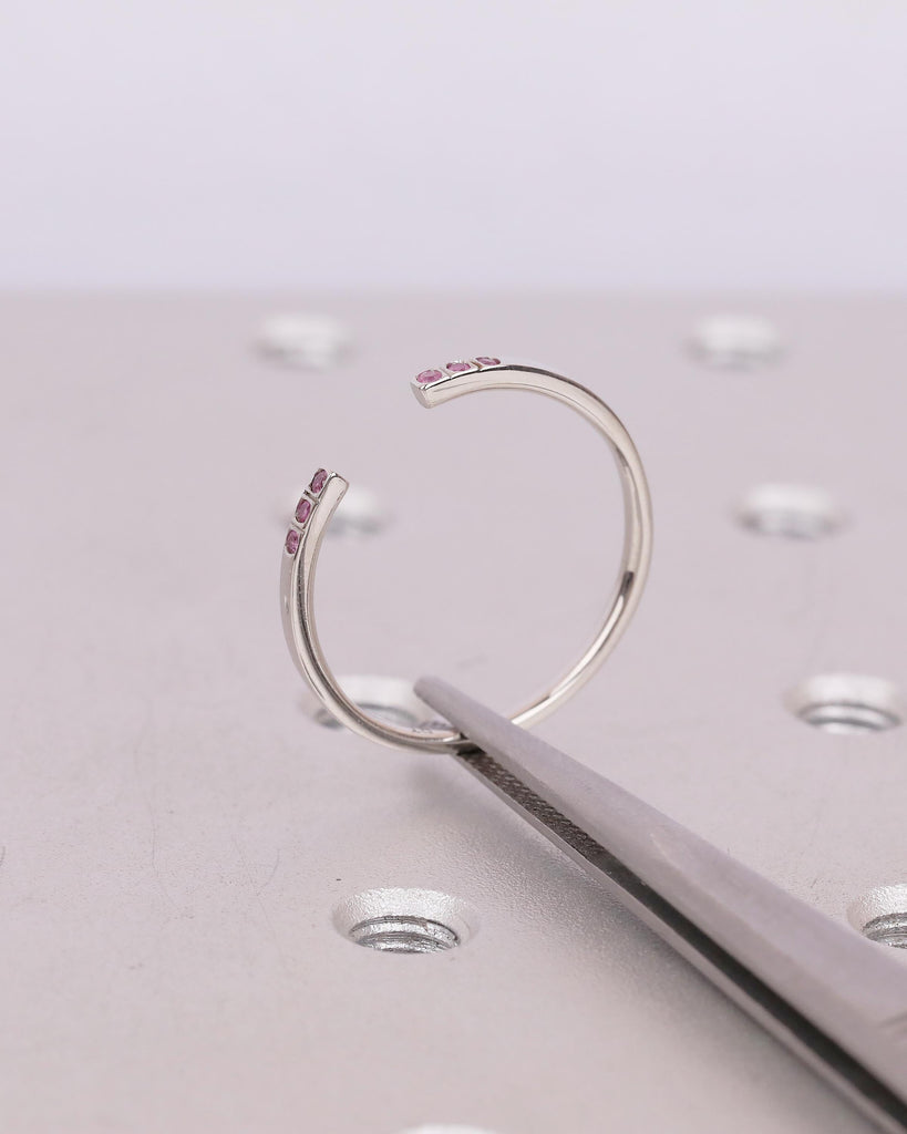 Open Wedding Band Women, Minimalist Platinum Cuff Ring, Natural Pink Sapphire Gemstone Jewelry, Unique September Birthstone Anniversary Ring image #13