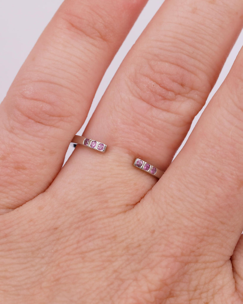 Open Wedding Band Women, Minimalist Platinum Cuff Ring, Natural Pink Sapphire Gemstone Jewelry, Unique September Birthstone Anniversary Ring image #11