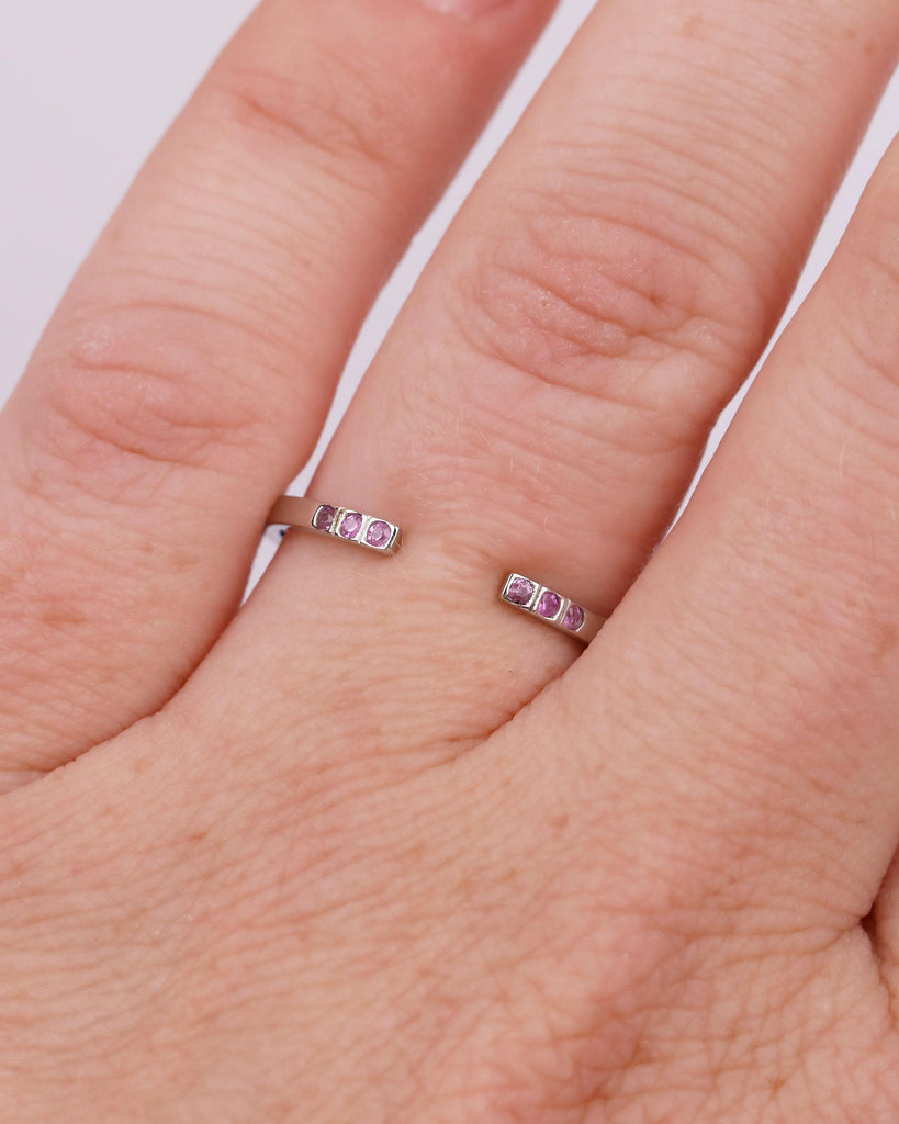 Open Wedding Band Women, Minimalist Platinum Cuff Ring, Natural Pink Sapphire Gemstone Jewelry, Unique September Birthstone Anniversary Ring image #14